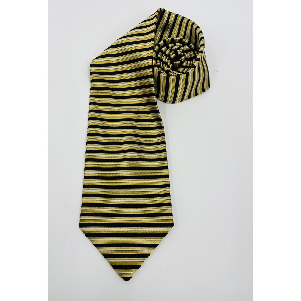 Bruno Piattelli Navy Blue Gold Silver Striped 100% Silk Necktie Classic